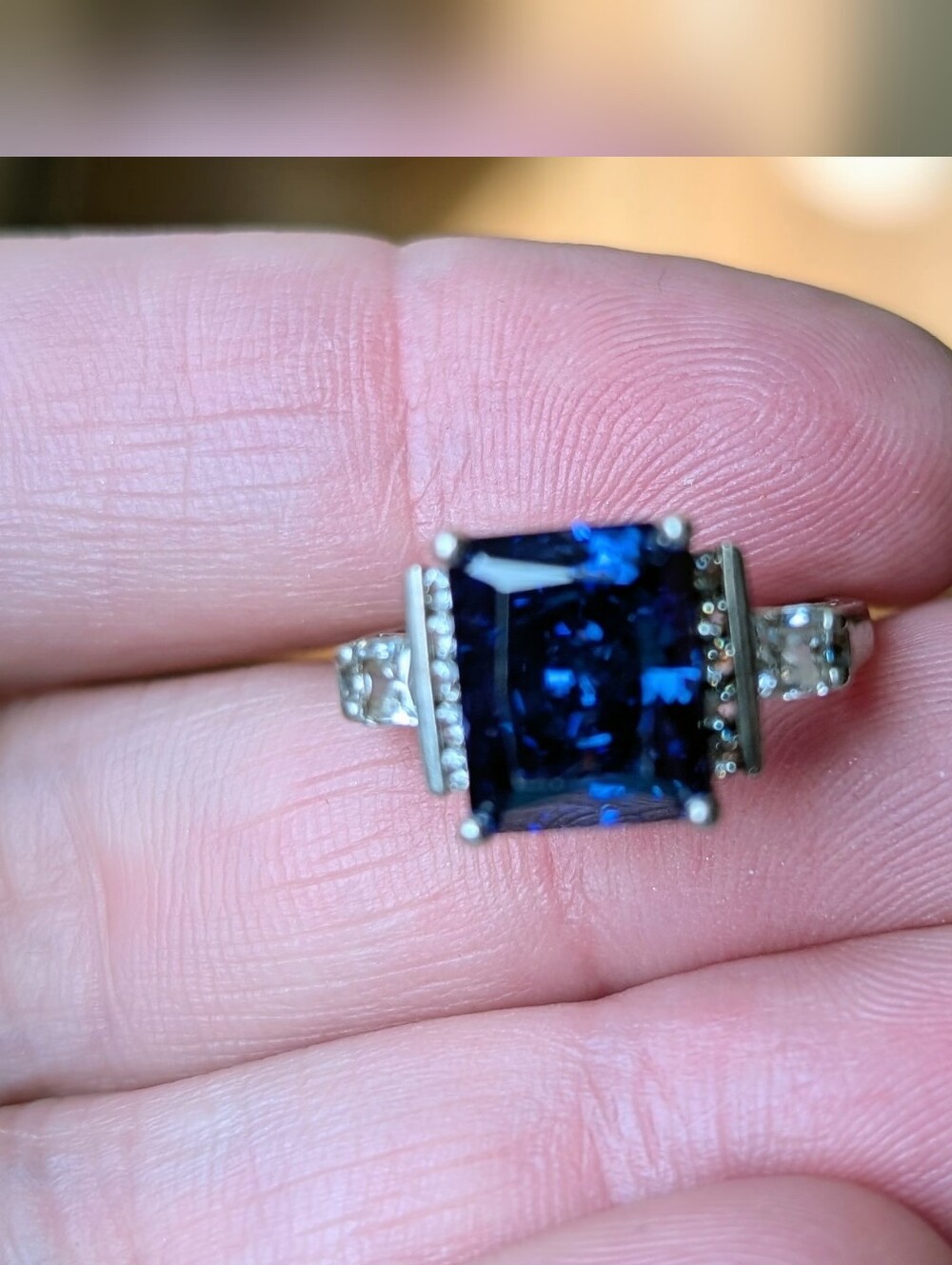 Sterling Silver SIMULATED TANZANITE & Cubic Zirconia Ring, 10x8mm Emerald-Cut